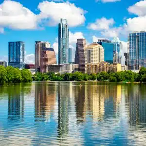 Blue Pearl Reflections on Town Lake at Austin Texas Skyline Cityscape view from Pedestrian Bridge - a blue summer paradise view